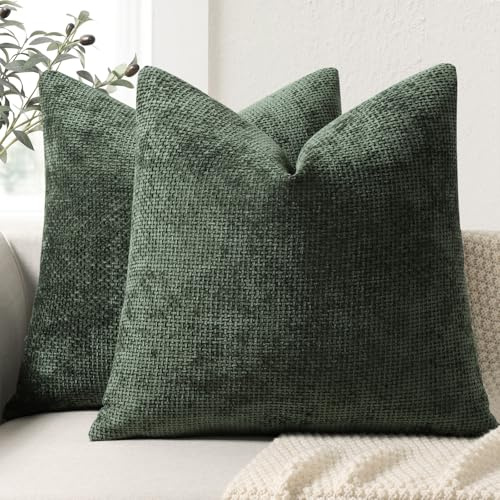 ZWJD Cushion Covers 45x45cm 2 Pack – Soft Chenille Decorative Pillow Cases Dark Green Sofa Cushion Covers for Couch, Bed and Living Room Home Decor Throw Pillow Covers