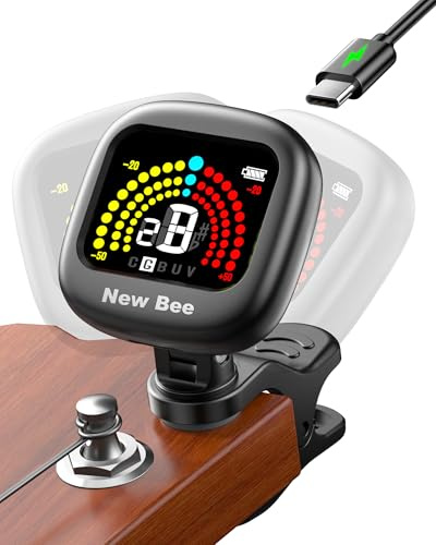 New Bee Afinador de Guitarra Recargable, Pantalla Color VA de Alto Brillo, Afinador para Guitarra Acústica, Eléctrica, Bajo, Violín y Ukulele, Precisión ±1 Cent, Rotación 360°, Cable USB