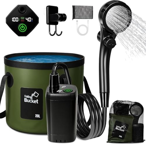 Goody King Ducha Portatil Camping con Bomba Batería 6000mAh – Kit Ducha Agua con Cubo Plegable 20L, Cabezal 3 Modos, Manguera 2m, IPX7, Carga USB-C – Ducha Camper Furgoneta Exterior Perro Jardín