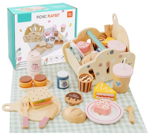 Potatomato Barn Picknick-Set med Teservice för Barn inkl Dessertleksaker - Träleksaker och Utomhusträdgårdsleksaker Pojkar och Flickor