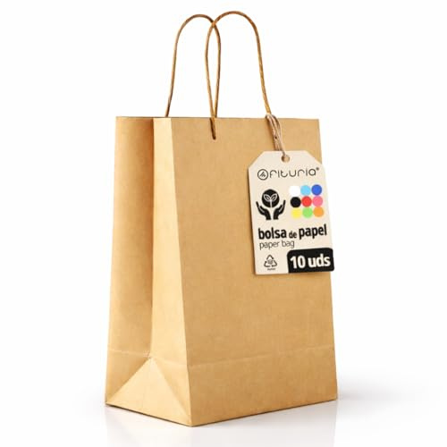 Bolsas de Papel Kraft M con Asa – 10 uds, Bolsas Resistentes y Reciclables para Regalo y Comercio – OFITURIA (24x11x32 cm, Kraft)
