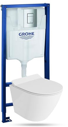 Lavita Vorwandelement Solido + Wand Hänge WC Sogo Slim Weiß Spülrandlos + WC Sitz mit Absenkautomatik Verchromter Knopf Komplettset Unterputz Spülkasten Toilette Komplett Sett WC