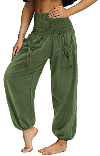 Nuofengkudu Mujer Hippie Pantalon Harem Elásticos Cintura Alta Bolsillos Bombachos Tailandes Hombre Comodos Yoga Pants Pantalones Unisex Pijama Verano Playa Fiesta Viaje Casual Verde Oscuro S
