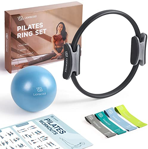 LIONSCOOL Pilates Ring Set (Black) - 14 Anti-Deformation Magic Circle with Padded Handles, 9 Mini Ball, Elastic Latex Resistance Bands, Guide & Bag