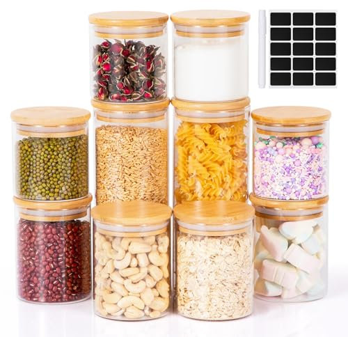 Cinnani 10er-Set Vorratsgläser Mit Deckel+Etiketten,Glasbehälter Holzdeckel,Vorratsdosen Glas Mit Deckel,Vorratsgläser Mit Holzdeckel,Aufbewahrungsgläser Küche Luftdicht für Cornflakes,Müsli,Bohnen