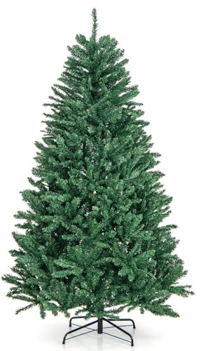 COSTWAY 6FT/7.5 FT Christmas Tree, Hinged Full Tree with Lush Branch Tips and Folding Metal Stand, Artificial Xmas Trees for Indoor Outdoor Decor(Green,6 FT)