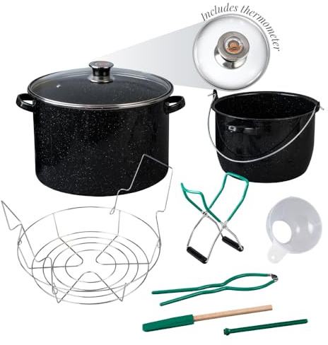 Granite Ware 21.5 Qt Heavy Gauge - 9 Piece water bath canning pot (Speckled Black) with canning toolset, rack and preserving kettle.
