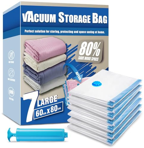 Space Saver Bags, Pack of 7 Large Vacuum Storage Bags, Compressed Sealer Bags Storage for Clothes, Comforters, Beddings and Blankets with Hand Pump