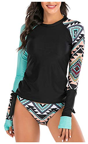 T-shirt de surf anti-UV pour femme - Manches longues - Rashguard - Protection UV - T-shirt de surf - Maillot de bain 2 pièces, Q noir., L