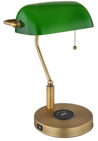 Schreibtischleuchte Bankerlampe Tischlampe altmessing Glas grün, kabelloses Laden USB Anschluss, Zugschalter, Fernbedienung, 1x RGB LED 4,8W 470Lm, LxH 26,5x36 cm