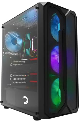 GAMEPOWER Aura Gaming Midi Tower PC Gehäuse ATX, Gaming Case mit gehärtetem Glas, PC Hülle mit 4X 120mm Lüfter (ohne RGB), ARGB-LED-Streifen, Mesh Design, Schwarz