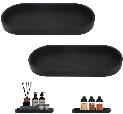 2 Stück Badezimmer Tablett Dekotablett Deko Tablett Schwarz Silikon Ablageschale Kleines Tablett für Waschtisch Badewanne Küchenspüle und Toilette (Oval)