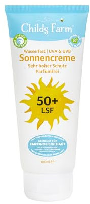 Childs Farm Sonnencreme für Kinder und Babys, sehr hoher Schutz mit LSF 50+, wasserfest, UVA- und UVB-Schutz, 100ml | Für trockene, empfindliche oder auch zu Ekzemen neigende Haut geeignet