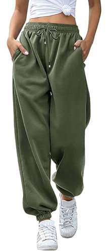 Atxnn Damen Jogginghose Warme Lang Sporthose Frauen Winter Freizeithose Lockere Fitness Yoga Trainingshose Sweatpants Laufhosen mit Taschen, ARMYGRÜN M