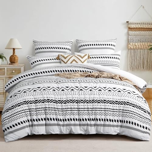 RUIKASI Boho Bedding King Size - White Bohemian Bedding Set Duvet Cover Set, Reversible Soft Microfiber Zipped Quilt Cover Set with Pillowcases