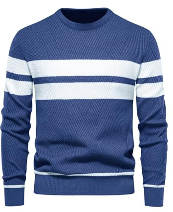 LUVCES Jersey Hombre Invierno Suéter Casual con Bloques de Color Cuello Redondo Manga Larga Jersey de Uso Diario a Rayas Tops Azul Real L