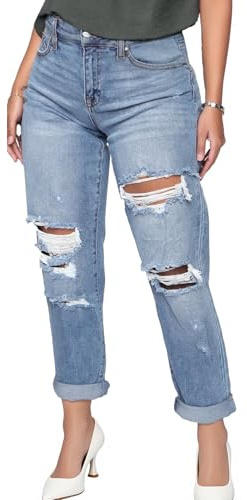 SheKiss High Waisted Jeans for Women Trendy Stretchy Boyfriend Distressed Mom Denim Blue Jeans