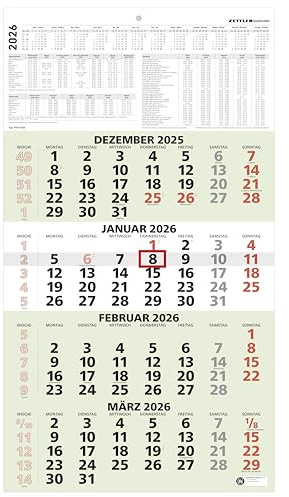 Zettler Calendrier mural 2026 - Vert - Ange bleu - 33 x 59 cm - Avec curseur de date - 4 mois par feuille - Tableau de tête de 15 cm - Comptage de la semaine - Vue d'ensemble annuelle - Papier recyclé