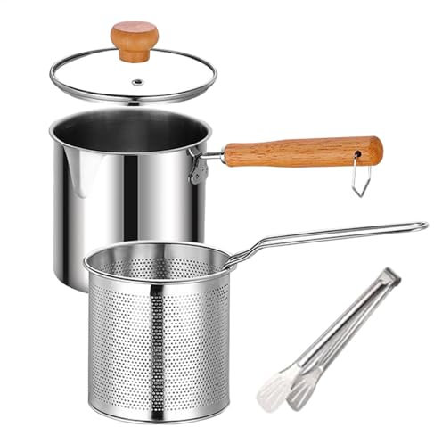 Deep Fat Fryer Set With Strainer Basket And Wood Handle | Stainless Steel minis Deep Fryer Pot With Lid | Oil Saving Small Fryer For Frying Fish Shrimp Chicken And Fries