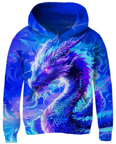Loveternal Felpa con Cappuccio Drago Stampa 3D Unisex per Bambini e Bambine con Tasca a Marsupio,8-10 Anni,XL