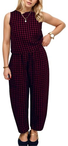 NSICBMNO Red Women 2 Piece Set Gingham Outfit Summer Casual Tracksuit Sleeveless Crop Tops and High Elastic Waisted Wide Leg Pants Cotton Tracksuit Yoga Joggers Suit Lounge Wear Full Sets