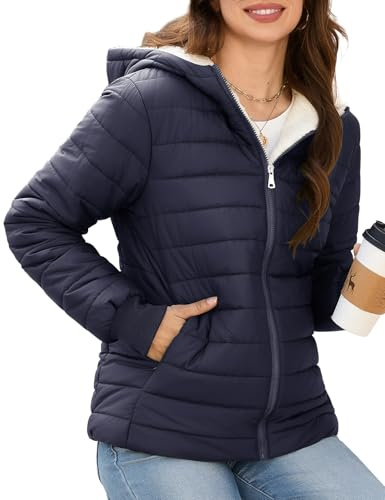 Yuson Girl Chaqueta para Mujer Invierno Abrigo Ligero Corto Entretiempo de Manga Larga Cazadora Ligeros Mulher Cortavientos con Capucha Chaquetas Padded Termica Parka Jacket(Azul marino, XL)