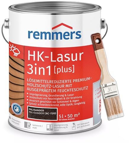 RemmersSet HK-Lasur 3in1 Plus + Pinsel Bandloo Set – Holzlasur für Außenbereich: Imprägnierung, Grundierung & Lasur in einem, Schutz vor Feuchtigkeit & UV-Strahlung, Varnish (Palisander, 5 L)