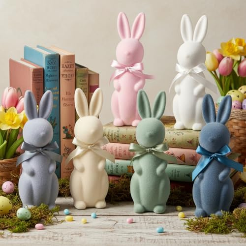Lanpn Lot de 6 Lapins de Pâques Floqués avec Nœud Papillon, Figurines Décoratives Couleurs Morandi pour Table, Étagère et Maison, Décoration de Printemps