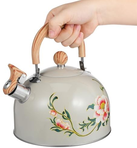 SHOWERORO Hervidor de Agua para Cocina de Acero Inoxidable Silbato Tetera de 2 Litros Color Beige Estampado Floral Apto para Estufa y Uso Doméstico