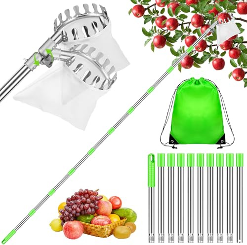 Hysagtek 4M - Raccogli frutta con manico telescopico, con testa pieghevole e sacchetto di cotone, ausilio regolabile con asta in acciaio inox, ideale per giardino, alberi da frutto