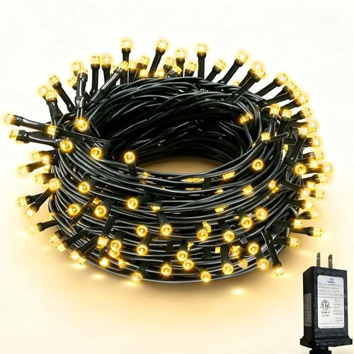 RPGT Christmas Light 1000 LEDs 336ft Green Cable Wire Fairy String Tree Twinkle Lights Plug in 12 Modes for, Outdoor, Garden, Wedding, Christmas Party, Home Decoration (Warm White)
