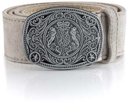 Schöneberger Trachten Couture Cinturón tradicional para hombre de piel auténtica, cinturón clásico para Oktoberfest para pantalones de piel Escudo gris envejecido. 95 cm (tamaño fabricante:48)