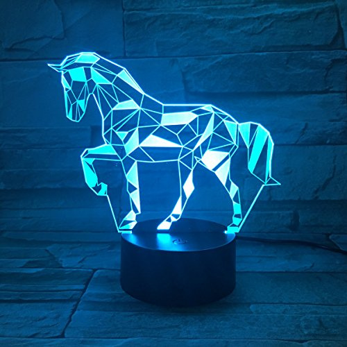 3D Lámpara óptico Illusions Luz Nocturna, SISYS LED Lámpara de Mesa Luces de Noche para Niños Decoración Tabla Lámpara de Escritorio 7 Colores Cambio de Botón Táctil y Cable USB, Caballo