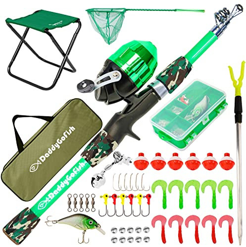 DaddyGoFish Kinder Angelset - Teleskoprute & Rolle Combo mit Klappstuhl, Rutenhalter, Tackle Box, Ködernetz und Tragetasche für Jungen und Mädchen - Grün, 4ft