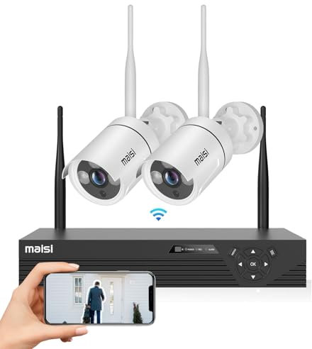 Maisi 3MP Wireless CCTV Camera System,Security Camera Outdoor Wireless,4CH NVR Outdoor Security IP Cameras,with Built-in Mic,Remote View on PC/App,Color Night Vision, Motion Detection, NO Hard Drive