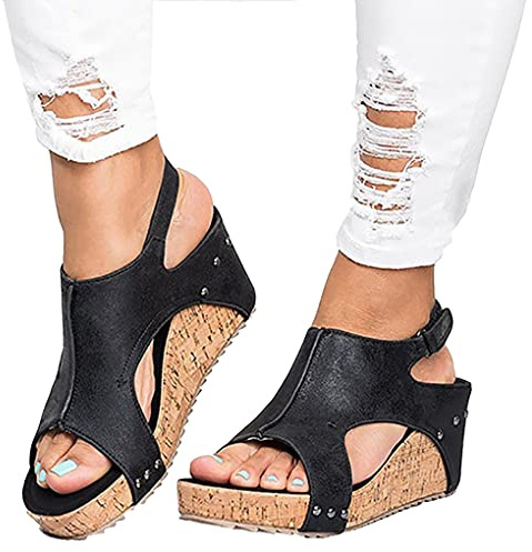 shownicer Sandalias Mujer Verano Plataforma Peep Toe Romanas Sandals Casual Zapatillas de Plataforma de Tacón Alto Flip Flops C Negro 34 EU