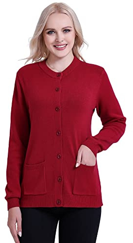 SMILING PINKER Mujer Cárdigan de Manga Larga Cálido Cuello Redondo Suéter Chaqueta con Botón y Bolsillos(Cranberry,XXL)