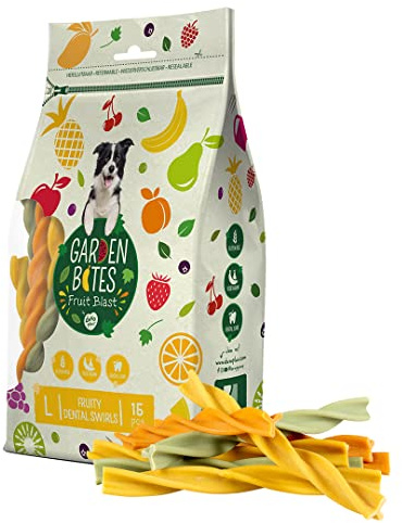 Garden Bites Fruity Dental Swirls - Snacks Vegetarianos para Perros - Sin Gluten - Sabor a Fruta - Alimento Rico en Vitaminas, Calcio y Hierro - Pack de 270g - 15 Uds de 16cm - Duvo+