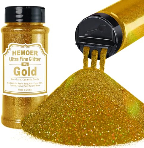 HEMOER Gold Glitzerpulver, 140g Bastel Glitzerpulver für Epoxidharz, DIY Basteln, Feine Handwerk Glitter für Tumbler Malerei Kerze Herstellung; Kosmetischer Glitzer, Haare, Körper Nagel Glitzer