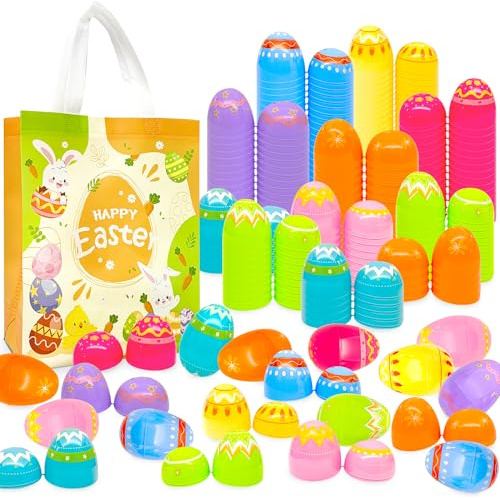 48Pcs 8×6cm Painted Jumbo Large Iridescent Easter Eggs for Kids Basket Bag Stuffers Fillers with 1pc Easter Hunt Game Non-Woven Bag, Toys Filling Treats and Easter Theme Party Favour