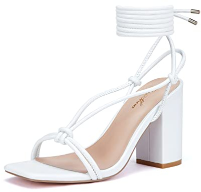 GENSHUO Sandali Donna Eleganza con Cinturino per le Gambe, Tacco Alto 8 cm, Sandali Estivi alla Moda, EU 42, Bianco A