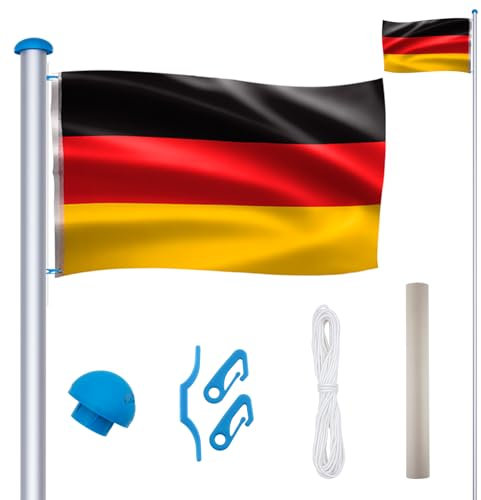 FIVMEN Fahnenmast Aluminium 6,5m Höhenverstellbar Fahnenstange mit Deutschlandfahne Bodenhülse für Balkon Garten
