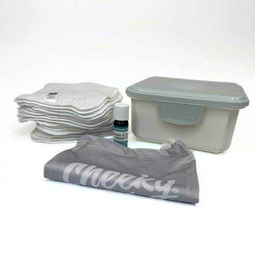 Cheeky Wipes Reusable Mini Baby Wipe Kit for Cloth Nappy Users | Contains Wipes, Nappy Oil and Storage Box (Grey White)