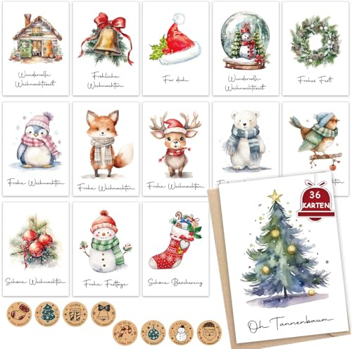 JOYEASE Juego de 36 tarjetas de Navidad con sobre, bonito diseño moderno con 18 diseños, A6 tarjetas de Navidad con mensaje único, tarjetas postales de Navidad para tu felicitación navideña