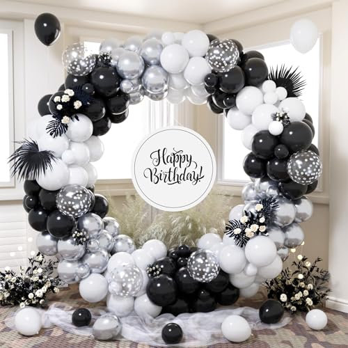 Black White Silver Balloon Arch Kit, 140 Pcs Matte Black White Balloon Garland Set with Metallic Silver Confetti latex Balloons for Birthday Graduation Anniversary New Years Eve Party Decorations