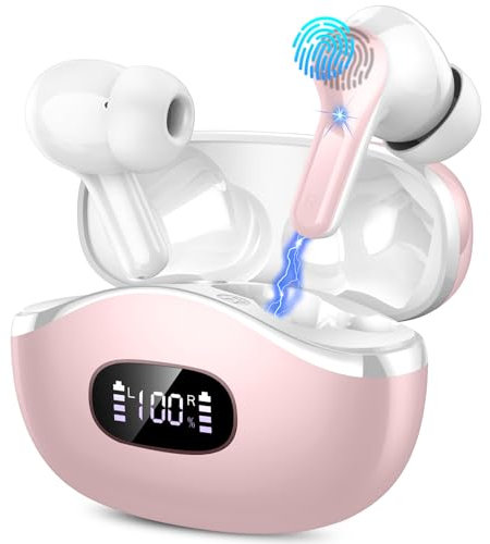Wireless Earbuds, Bluetooth 5.3 Headphones In Ear Earphones 4 ENC Noise Cancelling Mic Headphones with HIFI Stereo, 40H Playtime, Type-C Charging Case, IP7 Waterproof Running Earbuds Pink