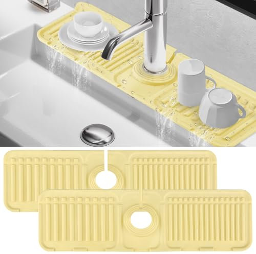 jwogngls Alfombrilla de Silicona para Grifo 2 Piezas, 39.5 x 11cm Alfombrilla Fregadero Cocina, Protector Fregadero Cocina, Alfombrilla para Grifo para Cocina y Baño (Beige)