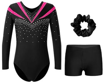 Aiihoo Mädchen Turnanzug Gymnastikanzug Glitzer Langarm Turnbody Trikotbody Kurz Hose Gymnastik Shorts + Haarband Leotard Turnkleidung Tanz Outfit Hot Pink 122-128