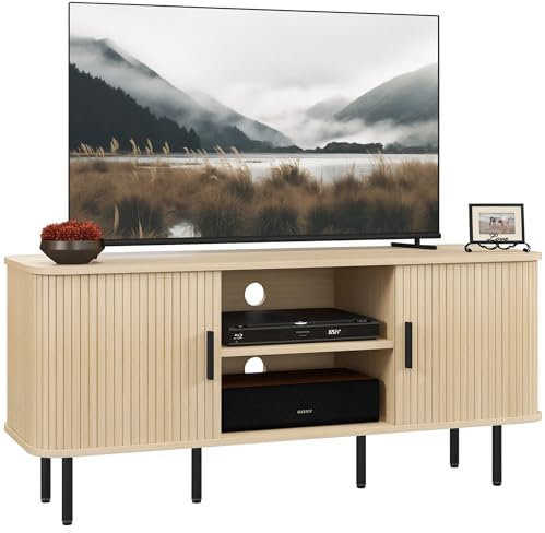 HOMCOM Mueble de TV Vintage Mesa de TV de Salón con 2 Puertas Correderas de Tambor 2 Estantes Abiertos Mueble para Televisores de 55 Pulgadas 120x40x55 cm Roble