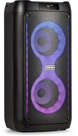 Fenton Core80 portable party speaker, 2x 4 woofers, Bluetooth 5.3 wireless, built-in battery, LED light show, stereo pairing, mic/remote included, 12 hours playtime, karaoke-ready